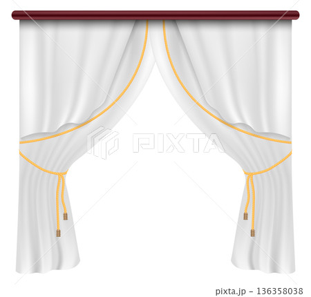Elegant white curtain with golden rope. Realistic fabric drapes Elegant white curtain with golden rope. Realistic fabric drapes 136358038