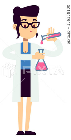 Scientist pour liquid in lab flask. Chemical experiment Scientist pour liquid in lab flask. Chemical experiment 136358100