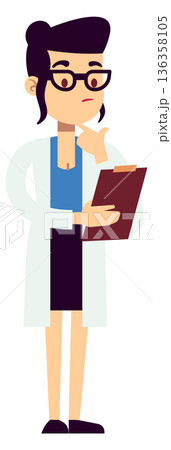 Thinking scientist woman. Female doctor read patient record Thinking scientist woman. Female doctor read patient record 136358105