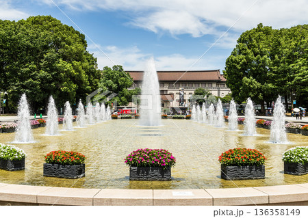 The beautiful view of the fountain at Ueno Park in Taito, Tokyo. The Tokyo National Museum is right behind it. 136358149