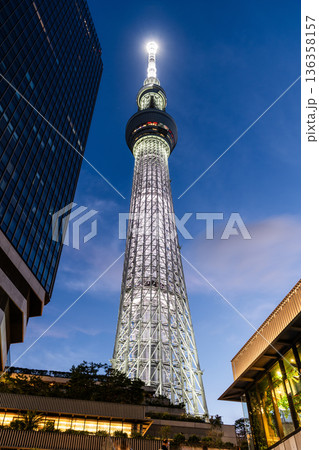 Night view of the Tokyo Skytree, which is the primary television and radio broadcast site in the Kanto region and is the tallest tower in Japan. Night view of the Tokyo Skytree, which is the primary television and radio broadcast site in the Kanto region and is the tallest tower in Japan. 136358157