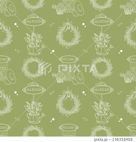 Seamless vector pattern with gardening attributes. Spring background with garden elements, watering can, fence, flowers, and wreaths on a green background. Vector outline illustration. Easter theme. Seamless vector pattern with gardening attributes. Spring background with garden elements, watering can, fence, flowers, and wreaths on a green background. Vector outline illustration. Easter theme. 136358408