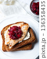 Open sandwich from leftover turkey and cranberry sauce 136358435