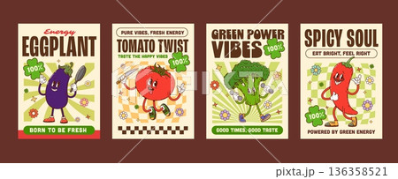 Funky ripe vegetables groovy hippie characters posters. Vibrant 1970s posters with dancing, and sporty vegetable personages. Retro vector eggplant, tomato, broccoli, and red hot pepper for kitchen 136358521