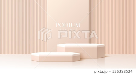 Cosmetic product beige podium stand, pedestal or display platform. Vector 3d abstract studio stage or podium mockup with minimal geometric empty step platforms at pastel beige wall background 136358524