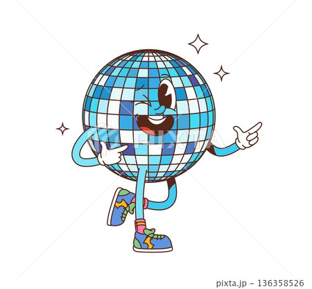 Groovy disco ball character. Retro cartoon discoball wearing old school sneakers, posing with cheerful smile and pointing hands. Isolated vector personage light up dance floor, exuding y2k party vibes Groovy disco ball character. Retro cartoon discoball wearing old school sneakers, posing with cheerful smile and pointing hands. Isolated vector personage light up dance floor, exuding y2k party vibes 136358526