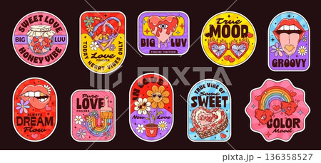 Valentine Day groovy stickers, hippie love patches with vector funky hearts, peace and rainbow. Cartoon retro daisy flower characters, heart shape sunglasses, cake and girls lips patch stickers set Valentine Day groovy stickers, hippie love patches with vector funky hearts, peace and rainbow. Cartoon retro daisy flower characters, heart shape sunglasses, cake and girls lips patch stickers set 136358527