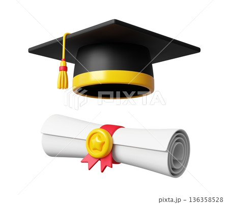 3d graduation cap with student diploma. Vector mortarboard hat with tassel and rolled certificate tied with ribbon. Academic education symbol of student success, achievement and completion of studies 3d graduation cap with student diploma. Vector mortarboard hat with tassel and rolled certificate tied with ribbon. Academic education symbol of student success, achievement and completion of studies 136358528