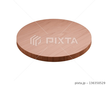 Realistic round wooden plate podium, display stage, circular platform board. Isolated pedestal mockup with natural wood grain texture. 3d vector plank scene for presentation or displaying eco cosmetic 136358529