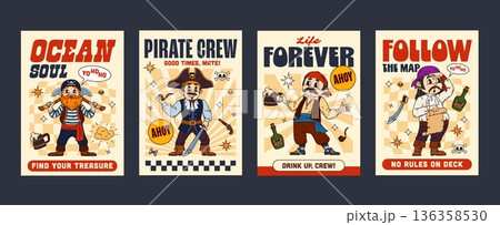 Funky pirates and corsairs groovy hippie characters posters. Vector posters featuring cheerful pirates with axes, saber, pipe, tricorn hat, beer mug, treasure map. Retro design for funky party decor Funky pirates and corsairs groovy hippie characters posters. Vector posters featuring cheerful pirates with axes, saber, pipe, tricorn hat, beer mug, treasure map. Retro design for funky party decor 136358530