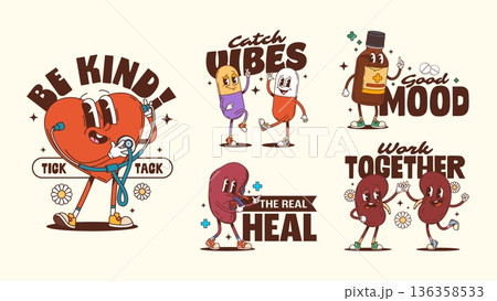 Medicine and healthcare groovy characters stickers and t shirt prints. Retro vector stickers featuring heart with stethoscope, dancing pills, cough syrup bottle, dancing kidneys, and liver Medicine and healthcare groovy characters stickers and t shirt prints. Retro vector stickers featuring heart with stethoscope, dancing pills, cough syrup bottle, dancing kidneys, and liver 136358533
