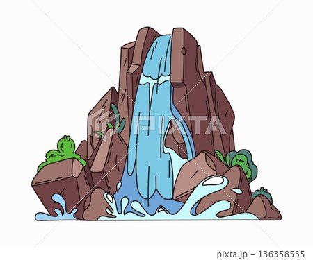 Pirate island cartoon mountain waterfall, treasure map detail. Pirate treasure hunting map constructor detail, piracy island vector environment asset. Corsair adventure object with waterfall cascade Pirate island cartoon mountain waterfall, treasure map detail. Pirate treasure hunting map constructor detail, piracy island vector environment asset. Corsair adventure object with waterfall cascade 136358535