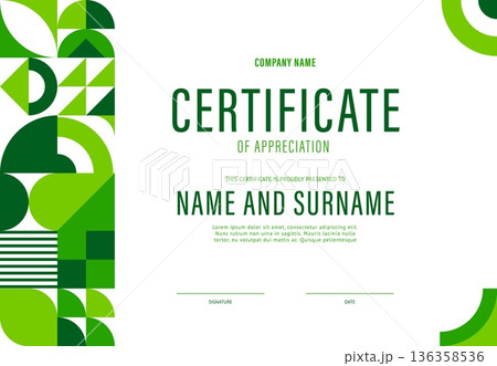 Certificate of appreciation with green geometric pattern. Modern vector diploma of appreciation template for professional recognition featuring clean typography and vibrant green shapes on the borders Certificate of appreciation with green geometric pattern. Modern vector diploma of appreciation template for professional recognition featuring clean typography and vibrant green shapes on the borders 136358536