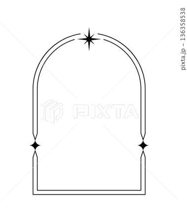 Vintage aesthetic arch shape, graphic border or figure. Minimal geometric frame, aesthetic vector design element. Graphic shape or vintage Boho border with black stars or sparks 136358538