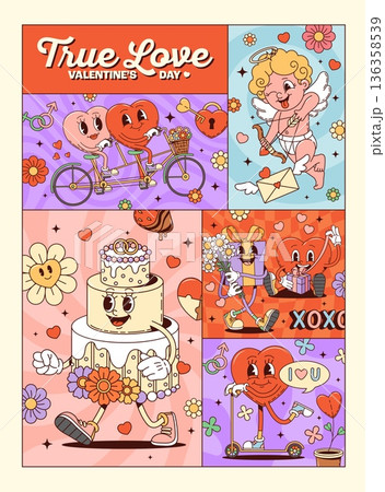 Groovy Valentine love characters on hippie posters with funny hearts and cupids, cartoon vector. Valentine's day groovy posters with happy hearts riding bicycle, wedding cake with flowers and gifts 136358539
