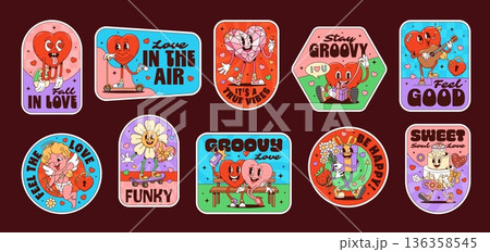 Valentine's day and love hippie groovy labels or stickers, heart retro patches. Red vector heart in love, heart riding scooter, playing guitar, daisy, gift and Cupid characters for apparel prints 136358545