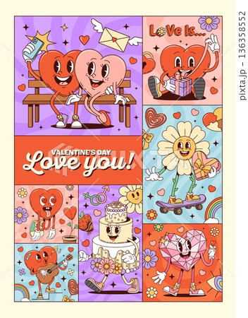 Valentine groovy love heart characters funky posters, vector Valentine's Day. Cartoon retro y2k hearts, funny groovy daisy flowers and cute cake mascots posters with Valentine gifts and candies Valentine groovy love heart characters funky posters, vector Valentine's Day. Cartoon retro y2k hearts, funny groovy daisy flowers and cute cake mascots posters with Valentine gifts and candies 136358552