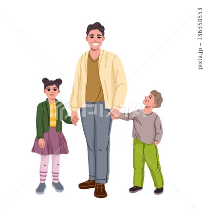 Father and kids happy family cartoon characters. Happy parent and children, young father, son and daughter vector characters. Family personages standing together in casual clothing and holding hands 136358553