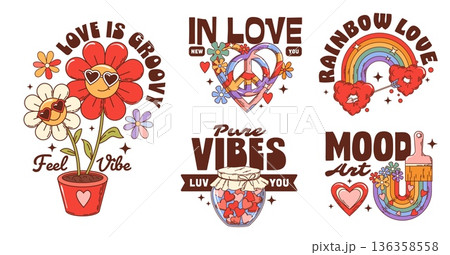 Valentine's Day hippie groovy love labels and heart stickers set. Funny y2k daisy flowers vector mascots with hippy rainbow, heart shaped sunglasses, candy and peace symbols, groovy Valentine stickers 136358558