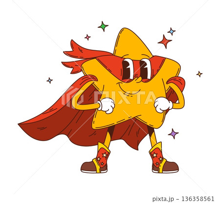Cartoon retro groovy star superhero vector character with red cape, mask, vintage boots, and expressive face, standing in a confident super hero pose with defender retro y2k vibe and sparks around Cartoon retro groovy star superhero vector character with red cape, mask, vintage boots, and expressive face, standing in a confident super hero pose with defender retro y2k vibe and sparks around 136358561