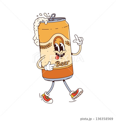 Cartoon groovy beer can alcohol drink vector character happily walks to party with playful hippie vibe and erupting foam. Vector y2k tin can beverage funky hippie personage embodies retro alcohol fun Cartoon groovy beer can alcohol drink vector character happily walks to party with playful hippie vibe and erupting foam. Vector y2k tin can beverage funky hippie personage embodies retro alcohol fun 136358569