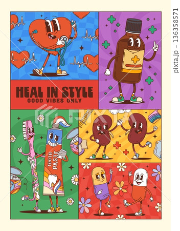 Medicine, healthcare and human organs groovy characters collage poster. Retro heart with stethoscope, syrup bottle, toothbrush, toothpaste, and dancing kidneys. Groovy vector poster for clinic decor Medicine, healthcare and human organs groovy characters collage poster. Retro heart with stethoscope, syrup bottle, toothbrush, toothpaste, and dancing kidneys. Groovy vector poster for clinic decor 136358571