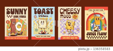 Funky groovy hippie breakfast food characters posters. Retro vector scrambled eggs with bacon, toast slice, cheese wedge, and orange juice for diner decor, cafe promotions, or party decorations 136358583