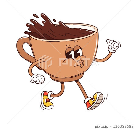 Cartoon retro groovy coffee cup character joyfully strolling with coffee splashing out of the mug. Isolated cheerful vector retro drink and beverage funky hippie personage smiling and wearing sneakers 136358588