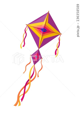Cartoon festive diamond shaped paper kite in vibrant shades of purple, yellow and orange long curling streamers. Kids outdoor sports kite. Indian festival isolated vector paper wing or flying toy Cartoon festive diamond shaped paper kite in vibrant shades of purple, yellow and orange long curling streamers. Kids outdoor sports kite. Indian festival isolated vector paper wing or flying toy 136358589