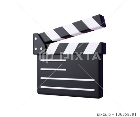 3d film clapper board, movie clapperboard icon with black or white striped slate and blank writing lines. Cinematic vector movie production symbol of video shooting, filmmaking process, media industry 136358591
