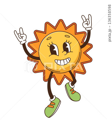 Cartoon groovy hippie sun character. Vector happy sunny retro personage with big, joyful smile, vibrant rays beaming, rock gestures, exudes summer warmth and happiness with positive facial expression 136358598