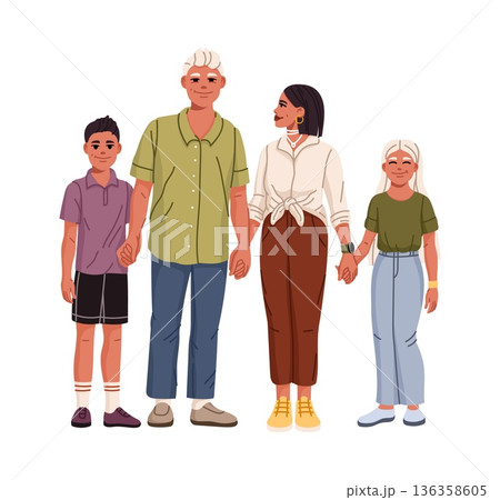 Parents and kids family members cartoon characters. Father and mother couple, teenage son and daughter family members vector happy smiling characters dressed casually, standing together, holding hands 136358605