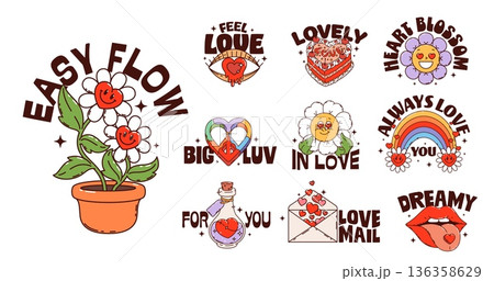 Love and Valentine y2k groovy stickers, heart funky labels, vector Valentine's Day. Retro hippy daisy flower characters with cartoon groovy rainbow, heart cake and eye, love potion and letter stickers 136358629