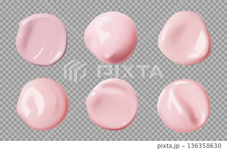 Realistic pink skincare cosmetic foundation cream swatches set, vector makeup. 3d liquid color foundation swatch drops with realistic creamy texture. Pink concealer, bb cream or makeup base samples 136358630