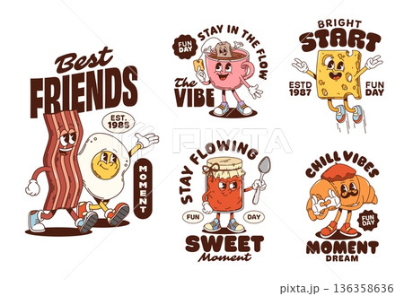Hippie funky breakfast groovy characters stickers and t shirt prints. Funky bacon and eggs, tea cup, cheese slice, croissant, and a jam jar. Groovy vector personages for funky kitchen and cafe decor Hippie funky breakfast groovy characters stickers and t shirt prints. Funky bacon and eggs, tea cup, cheese slice, croissant, and a jam jar. Groovy vector personages for funky kitchen and cafe decor 136358636