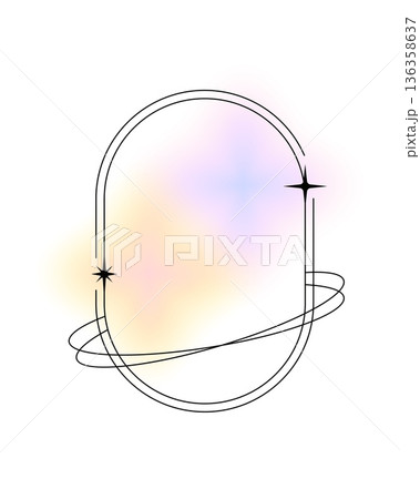 Aesthetic geometric oval shape, linear element or figure. Geometric design element, Boho vector frame. Minimal graphic shape or vintage aesthetic border with neon light, black sparks or stars 136358637