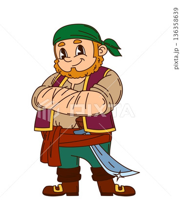 Corsair pirate crew strong sailor cartoon character. Cheerful pirate fighter character, corsair sailor isolated vector mascot. Filibuster personage standing with crossed hands and sword in belt 136358639