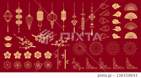 Asian Lunar New Year design elements of Oriental Chinese, Korean and Japanese ornaments, vector decorations. Chinese frames and design elements of lanterns and lucky knots, bamboo and golden ingots Asian Lunar New Year design elements of Oriental Chinese, Korean and Japanese ornaments, vector decorations. Chinese frames and design elements of lanterns and lucky knots, bamboo and golden ingots 136358643