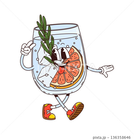 Groovy funky hippie character soda drink in glass with lemon slice and rosemary sprig. Retro vector cartoon beverage with cute face and psychedelic vibe for fun cocktail menus, and party graphics Groovy funky hippie character soda drink in glass with lemon slice and rosemary sprig. Retro vector cartoon beverage with cute face and psychedelic vibe for fun cocktail menus, and party graphics 136358646