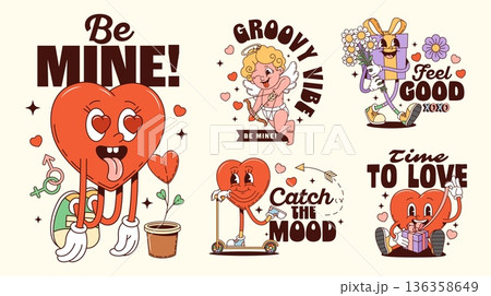 Valentine groovy characters love stickers with vector y2k hearts, gift and Cupid. Cartoon retro groovy mascot stickers of Valentine's Day hearts, romantic gift box with flowers and cute Cupid angel 136358649