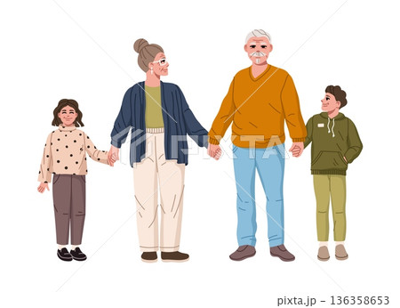 Grandparents and grandchildren happy family members cartoon personages. Grandmother, grandfather, boy and girl grandchildren vector personages, family characters standing together and holding hands 136358653