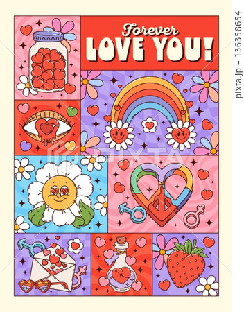 Love feelings and Valentine's day hearts groovy hippie collage poster. Vibrant jar full of hearts, eye, rainbow, peace sign, envelope, sunglasses, love potion bottle for Valentine bedroom decor 136358654