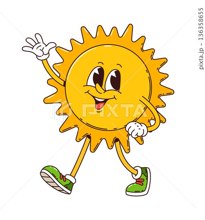 Cartoon groovy funny sun character with happy smile on face, vector cheerful personage. Groovy sun character with sunny smile and Hi hand gesture walking in funky hipster shoes for summer emoji 136358655