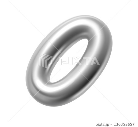 Silver metallic 3d bended oval ring realistic symbol. Shiny metal oval ring form, silver realistic isolated vector shape. Chrome metallic 3d render element or glossy gradient balloon figure 136358657