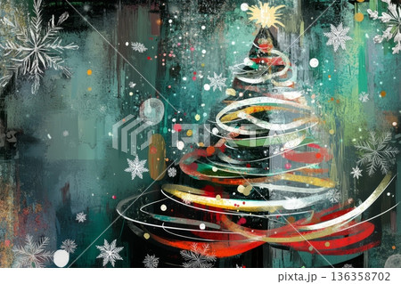 The red golden christmas tree oil illustration made with strokes paint 136358702