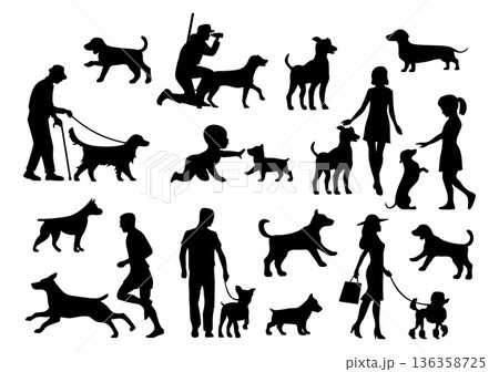 Set dog and people silhouette. Vector black flat icon 136358725