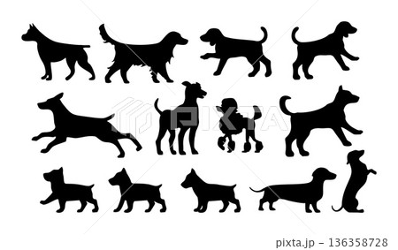 Set walking and standing dog silhouette. Vector black icon Set walking and standing dog silhouette. Vector black icon 136358728