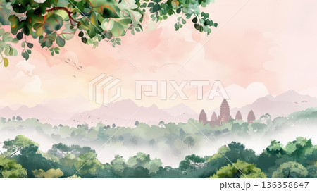 Angkor Wat surrounded by lush greenery in delicate watercolor, Cambodian landmark, ancient temple complex 136358847