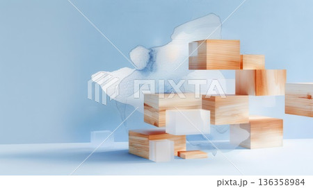 Abstract minimalist wooden blocks with cloud shape on blue background. 136358984