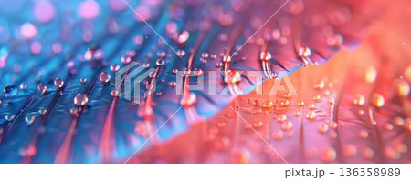 Close-up of dew drops on a colorful leaf, vibrant colors and soft focus. 136358989